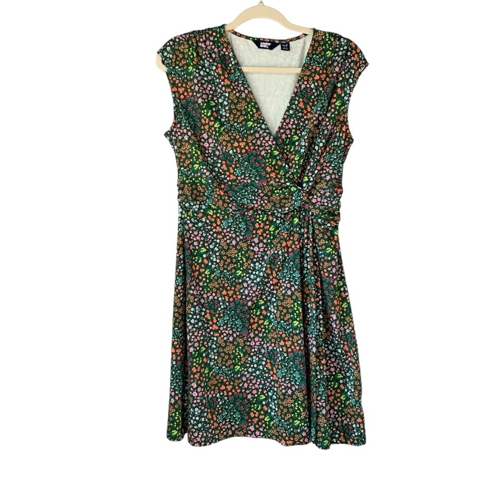 Lands’ End army green olive multi floral sleeveless surplice knit dress. Size MP